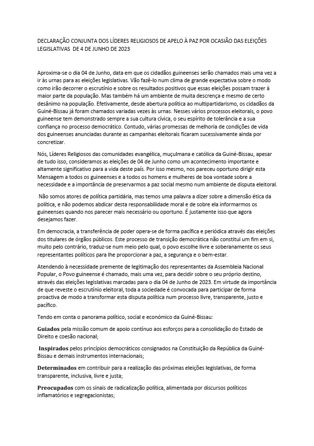 Declaracao dos Líderes pelas paz nas eleições